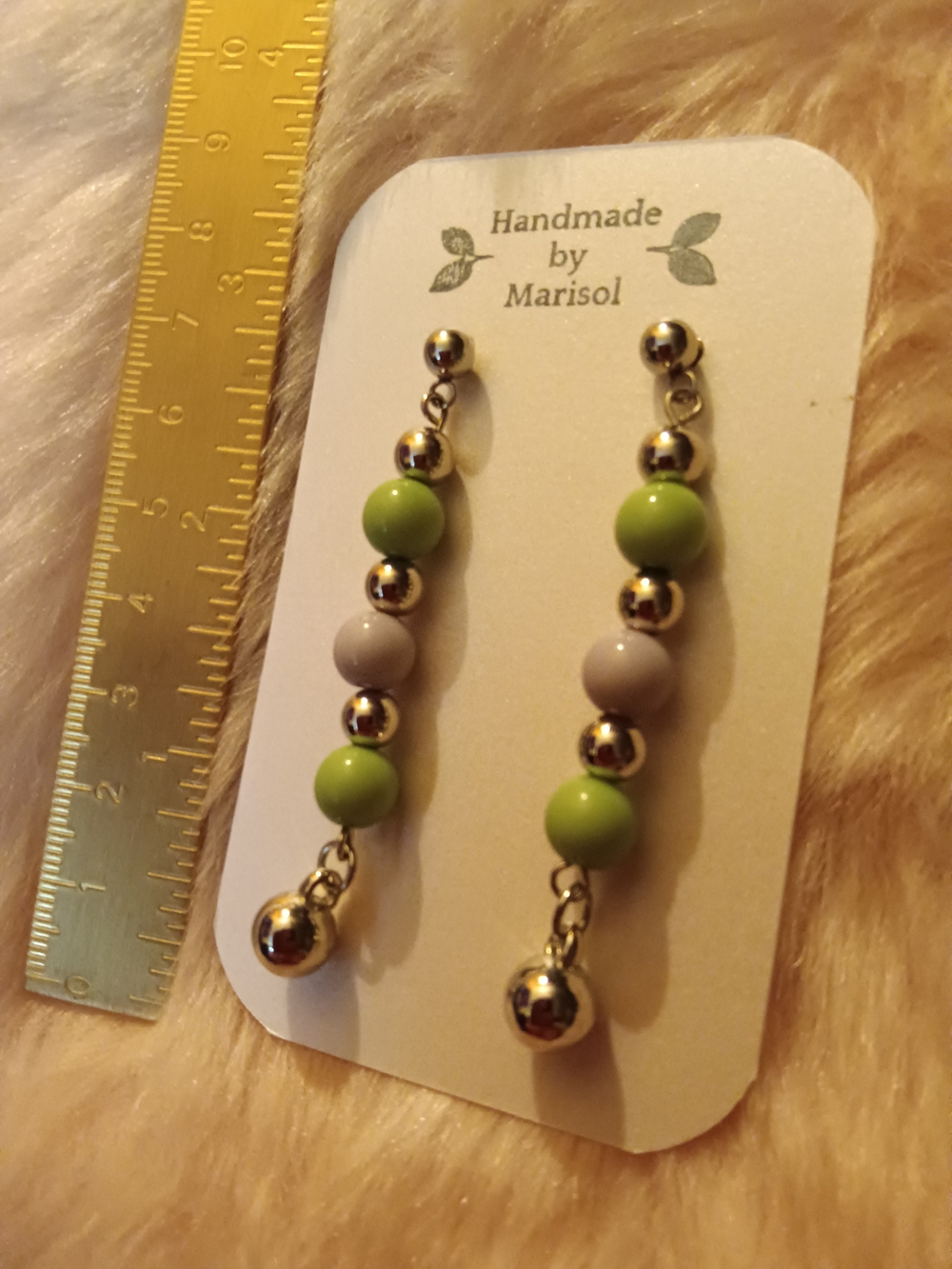 Green and Taupe Beaded Drop Earrings